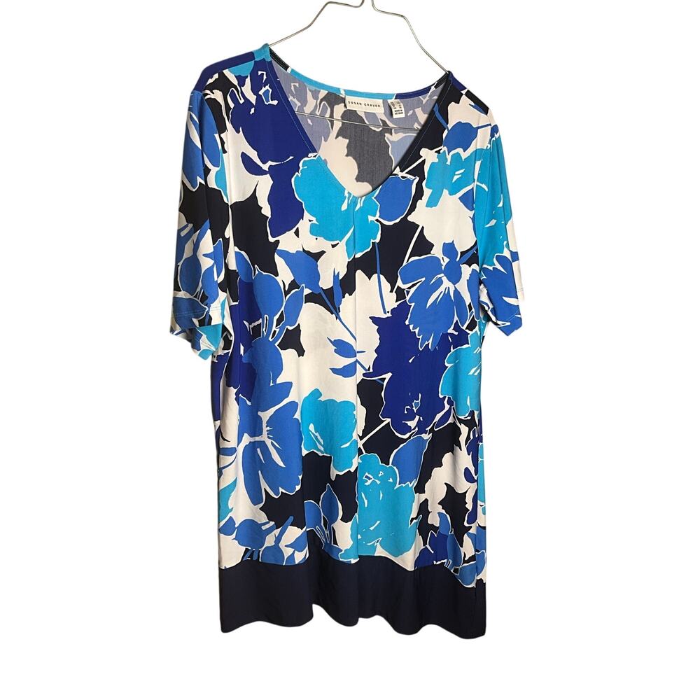 Susan Graver Floral Tunic Top Short Sleeve V-Neck Stretch Blue White Size L NEW